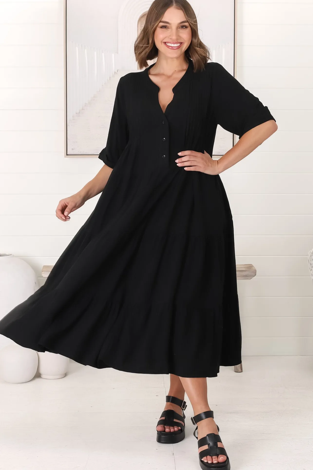 Ayva Midi Dress - 3/4 Sleeve Tiered Smock Dress in Black>Salty Crush Clearance