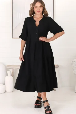 Ayva Midi Dress - 3/4 Sleeve Tiered Smock Dress in Black><noscript><img width=