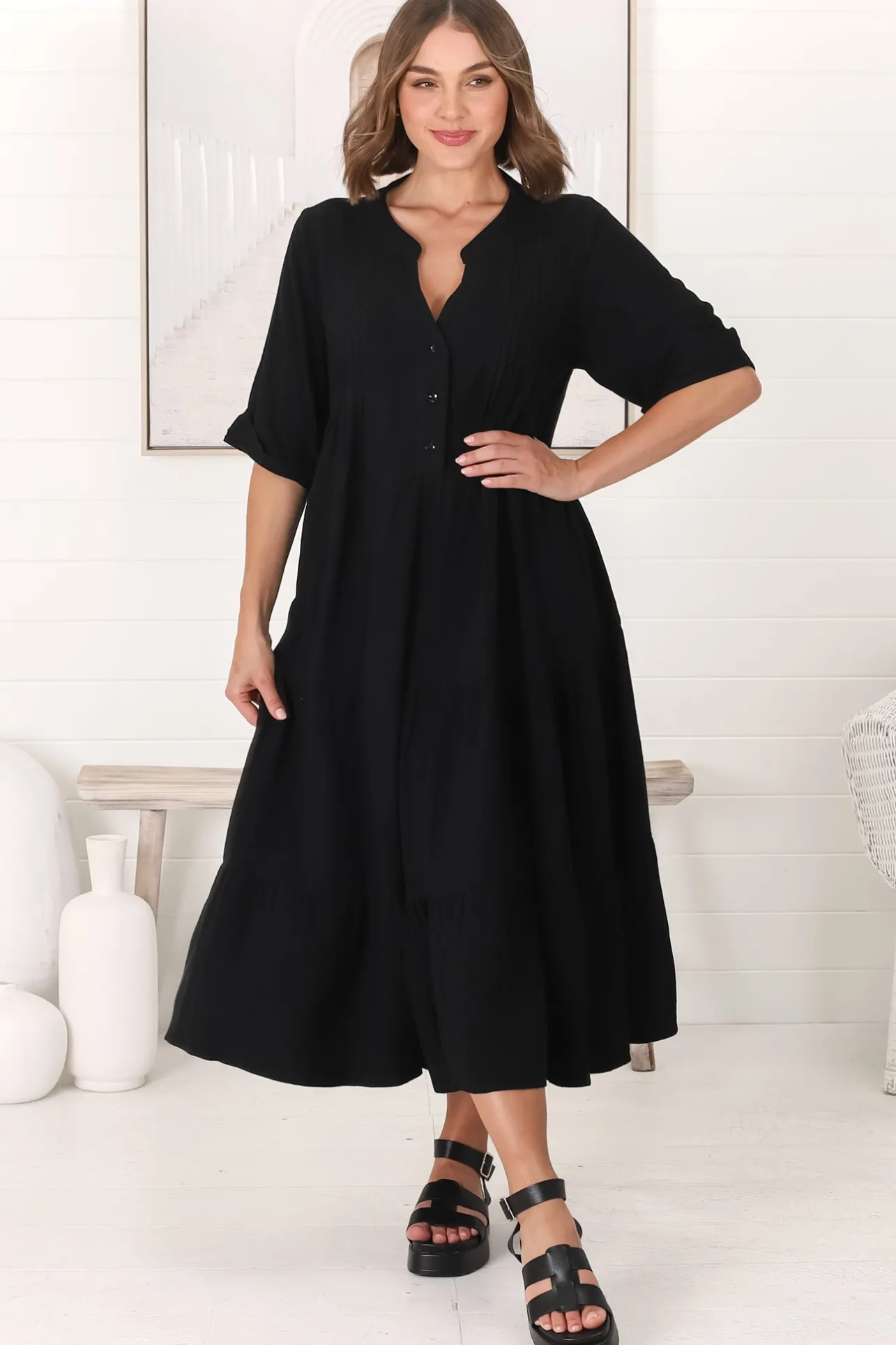 Ayva Midi Dress - 3/4 Sleeve Tiered Smock Dress in Black>Salty Crush Clearance