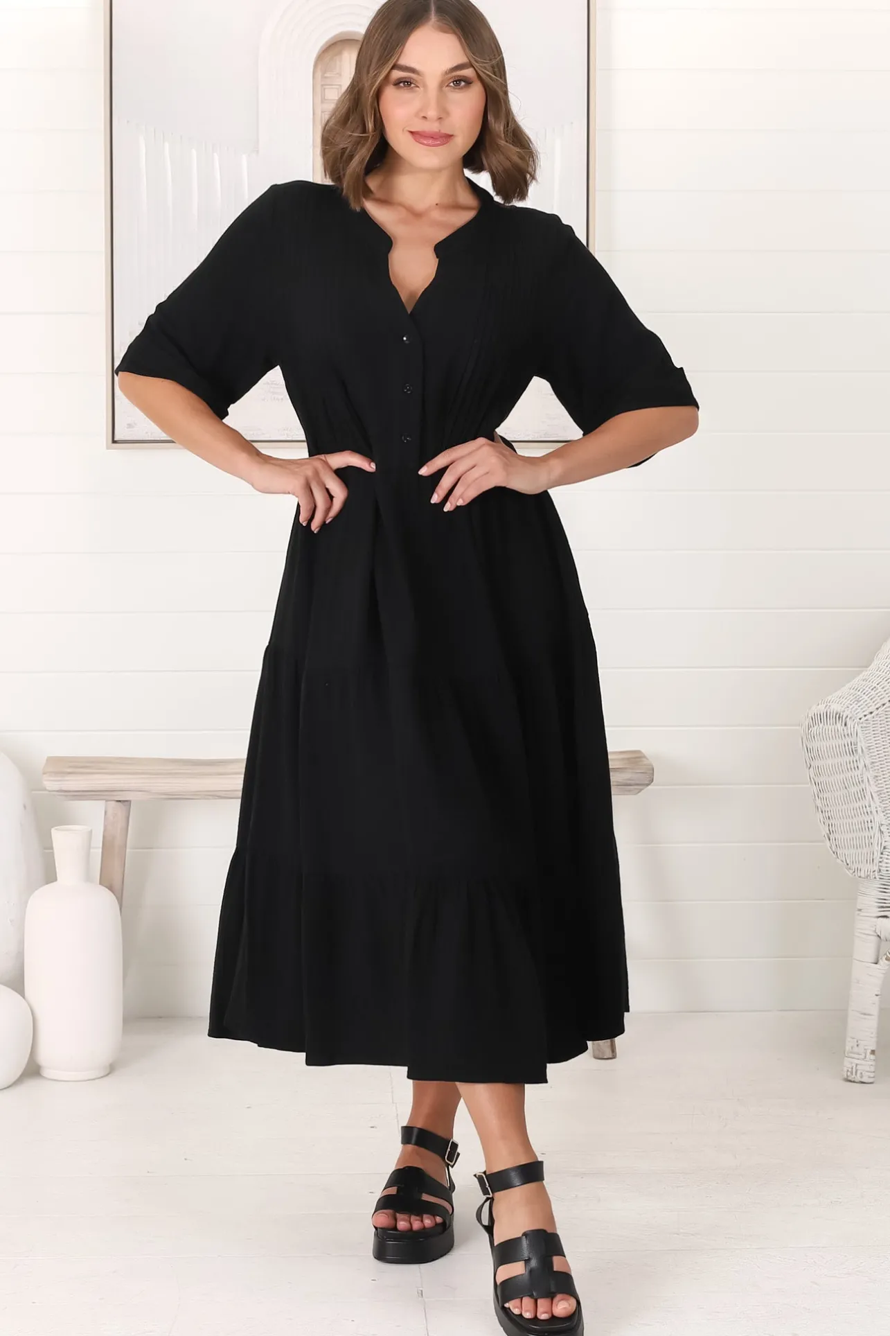 Ayva Midi Dress - 3/4 Sleeve Tiered Smock Dress in Black>Salty Crush Clearance