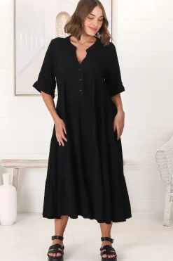 Ayva Midi Dress - 3/4 Sleeve Tiered Smock Dress in Black><noscript><img width=