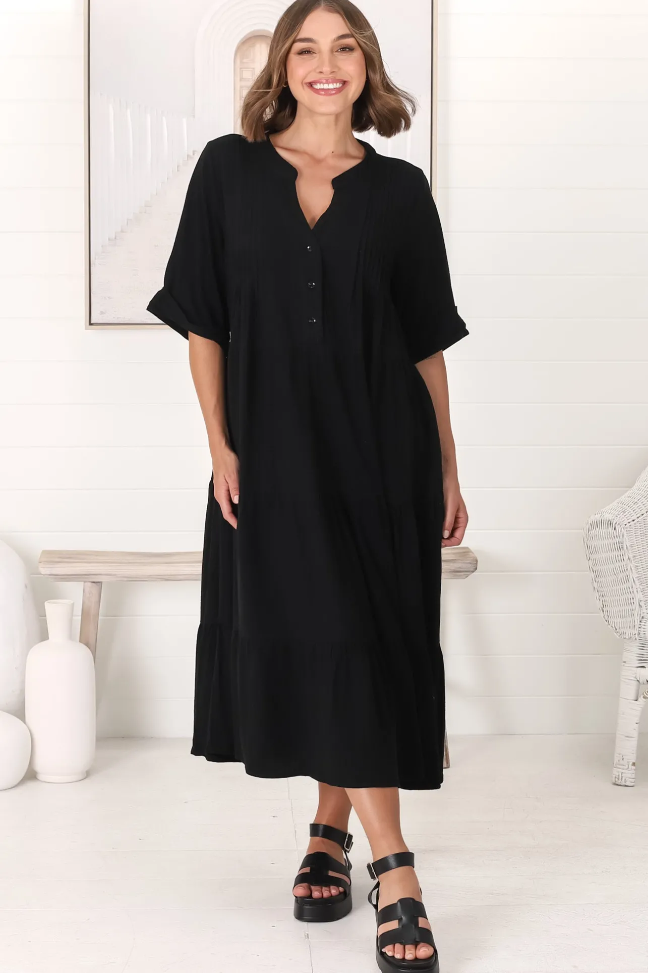 Ayva Midi Dress - 3/4 Sleeve Tiered Smock Dress in Black>Salty Crush Clearance