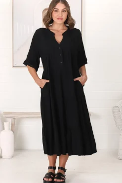 Ayva Midi Dress - 3/4 Sleeve Tiered Smock Dress in Black><noscript><img width=