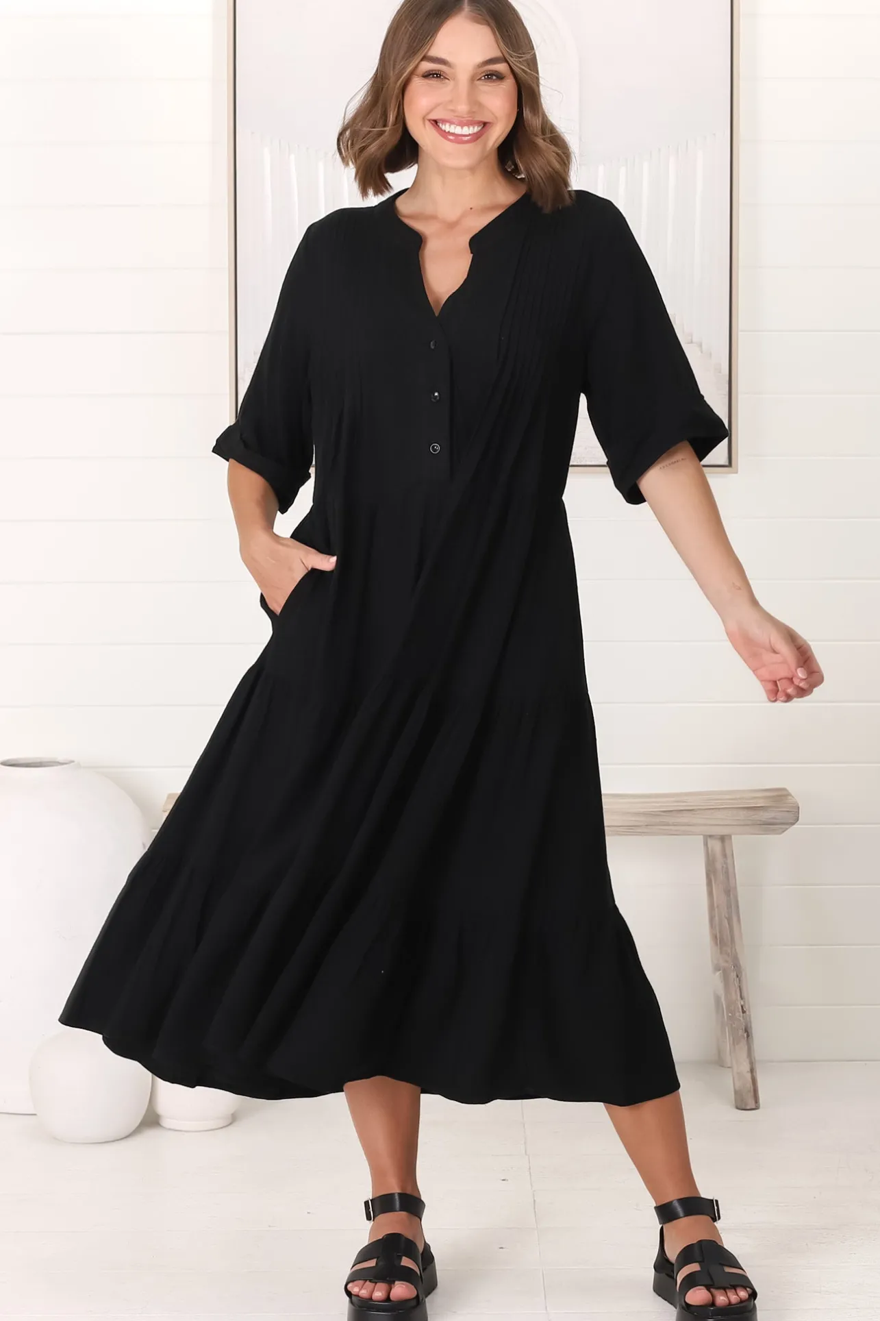 Ayva Midi Dress - 3/4 Sleeve Tiered Smock Dress in Black>Salty Crush Clearance