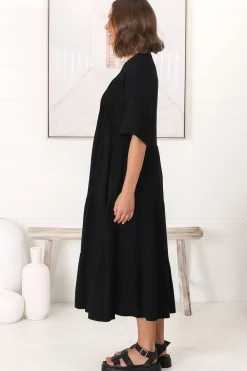 Ayva Midi Dress - 3/4 Sleeve Tiered Smock Dress in Black><noscript><img width=