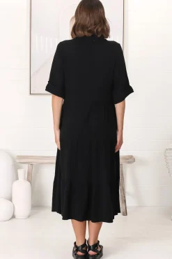Ayva Midi Dress - 3/4 Sleeve Tiered Smock Dress in Black><noscript><img width=
