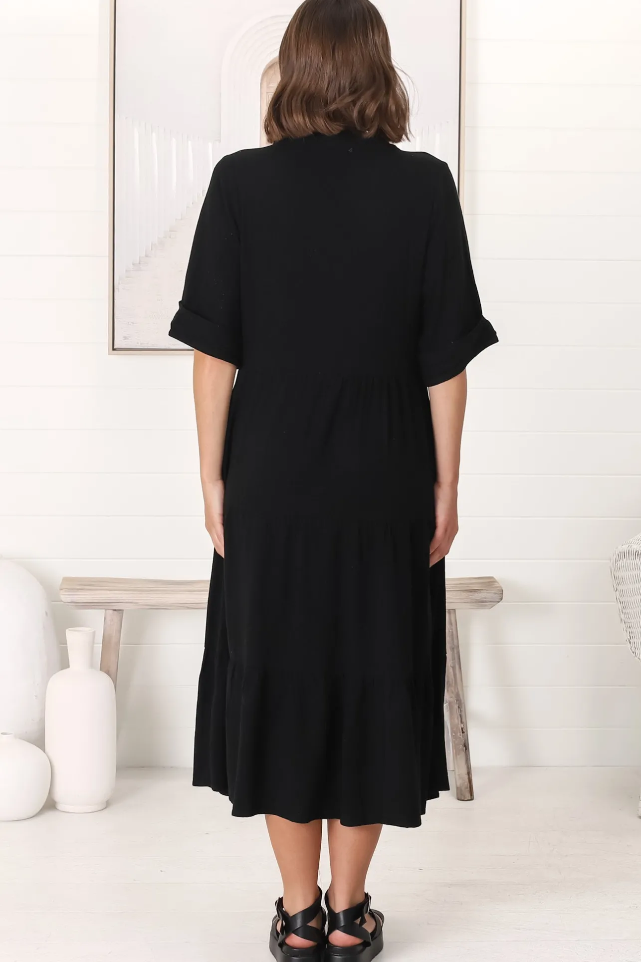 Ayva Midi Dress - 3/4 Sleeve Tiered Smock Dress in Black>Salty Crush Clearance