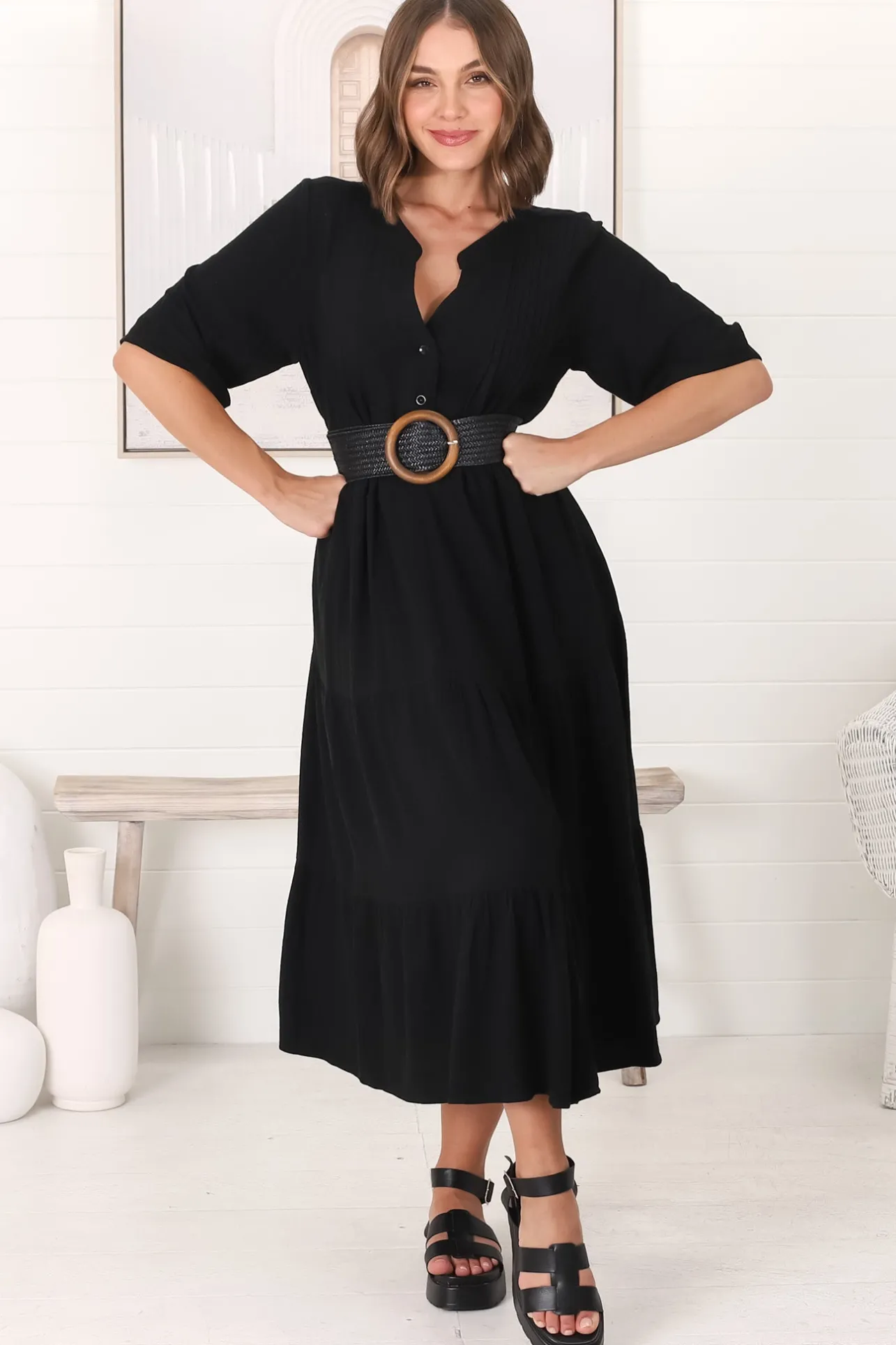 Ayva Midi Dress - 3/4 Sleeve Tiered Smock Dress in Black>Salty Crush Clearance