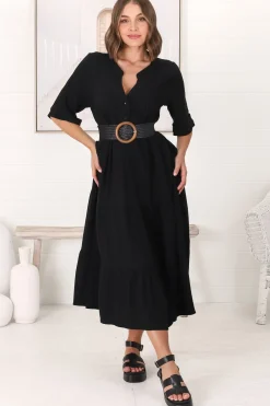 Ayva Midi Dress - 3/4 Sleeve Tiered Smock Dress in Black><noscript><img width=