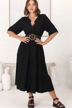 Ayva Midi Dress - 3/4 Sleeve Tiered Smock Dress in Black><noscript><img width=