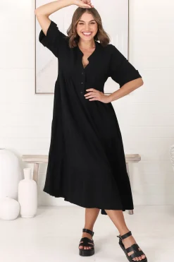 Ayva Midi Dress - 3/4 Sleeve Tiered Smock Dress in Black><noscript><img width=