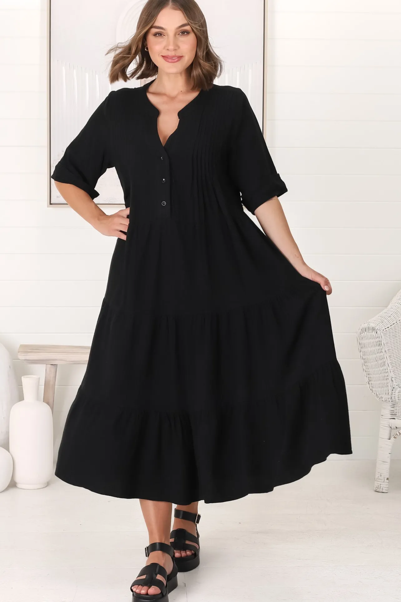 Ayva Midi Dress - 3/4 Sleeve Tiered Smock Dress in Black>Salty Crush Clearance