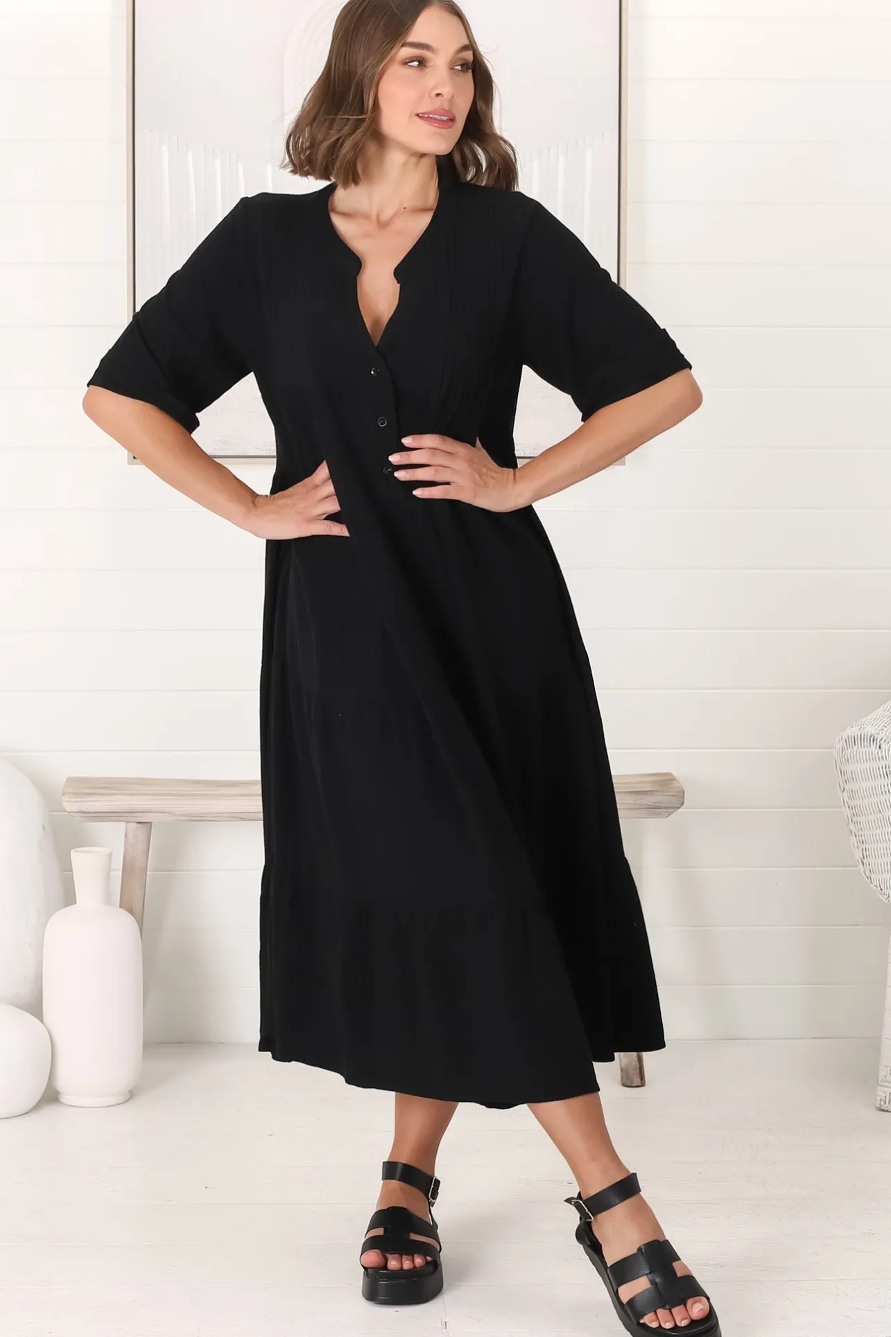 Ayva Midi Dress - 3/4 Sleeve Tiered Smock Dress in Black>Salty Crush Clearance