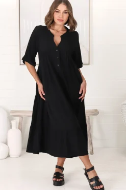 Ayva Midi Dress - 3/4 Sleeve Tiered Smock Dress in Black><noscript><img width=