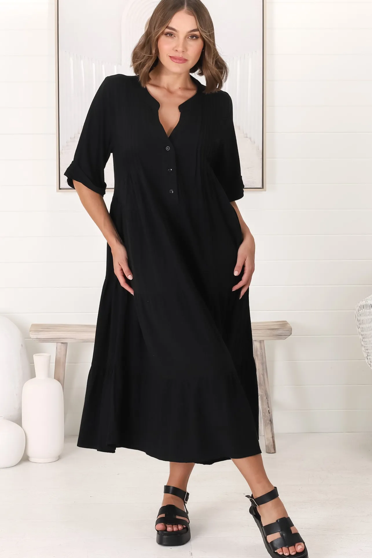 Ayva Midi Dress - 3/4 Sleeve Tiered Smock Dress in Black>Salty Crush Clearance