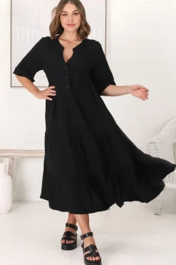 Ayva Midi Dress - 3/4 Sleeve Tiered Smock Dress in Black><noscript><img width=