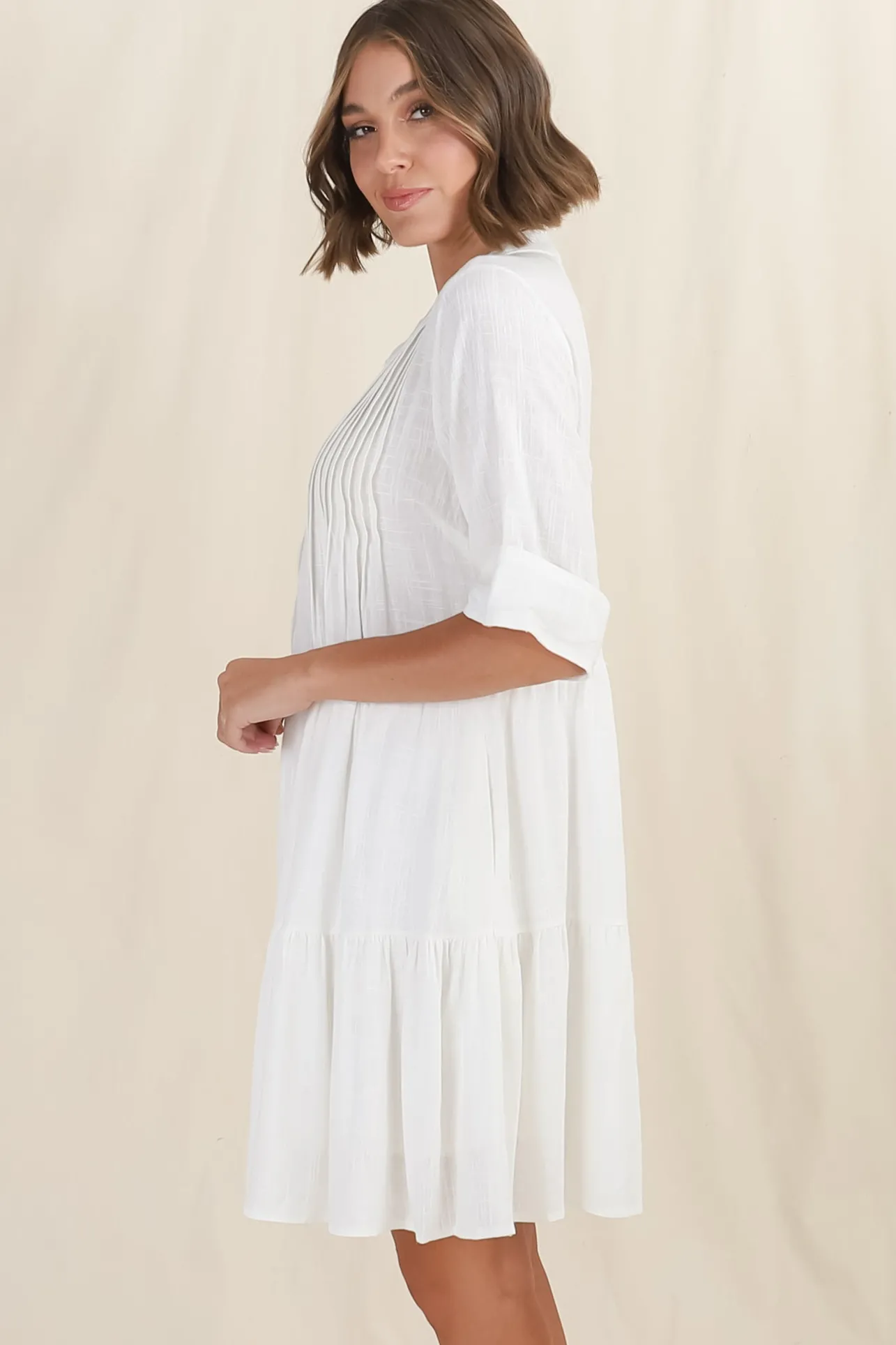Ayva Mini Dress - 3/4 Sleeve Tiered Smock Dress in Off White>Salty Crush Online