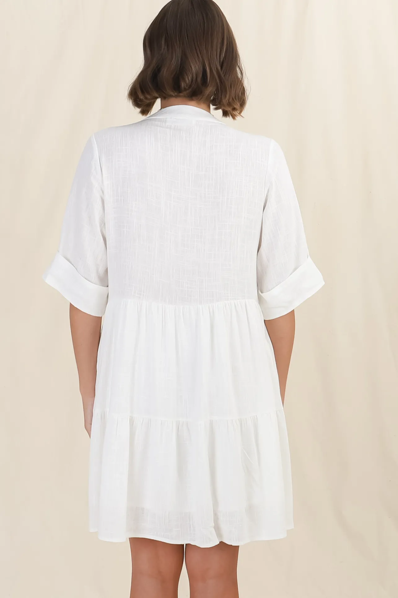 Ayva Mini Dress - 3/4 Sleeve Tiered Smock Dress in Off White>Salty Crush Online