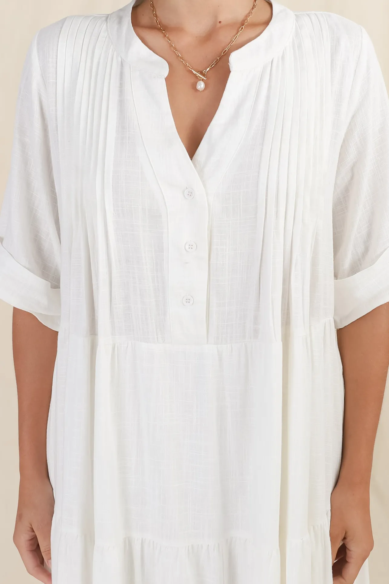 Ayva Mini Dress - 3/4 Sleeve Tiered Smock Dress in Off White>Salty Crush Online