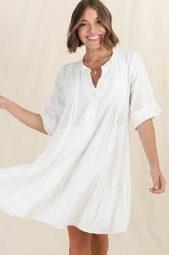 Ayva Mini Dress - 3/4 Sleeve Tiered Smock Dress in Off White><noscript><img width=