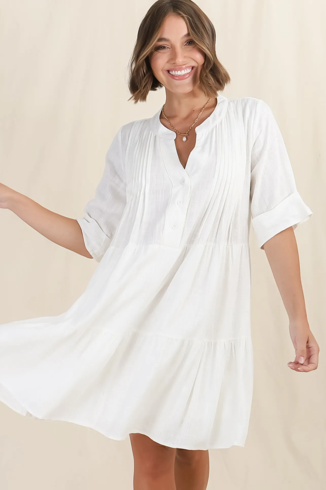 Ayva Mini Dress - 3/4 Sleeve Tiered Smock Dress in Off White>Salty Crush Online