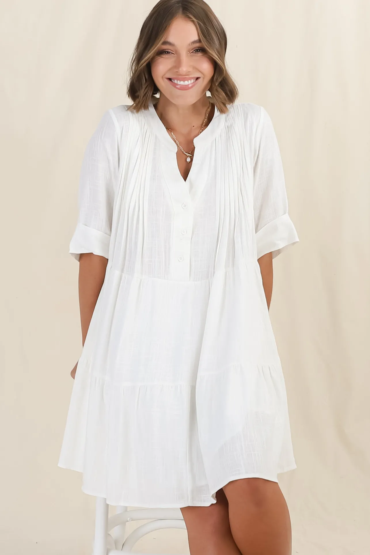 Ayva Mini Dress - 3/4 Sleeve Tiered Smock Dress in Off White>Salty Crush Online