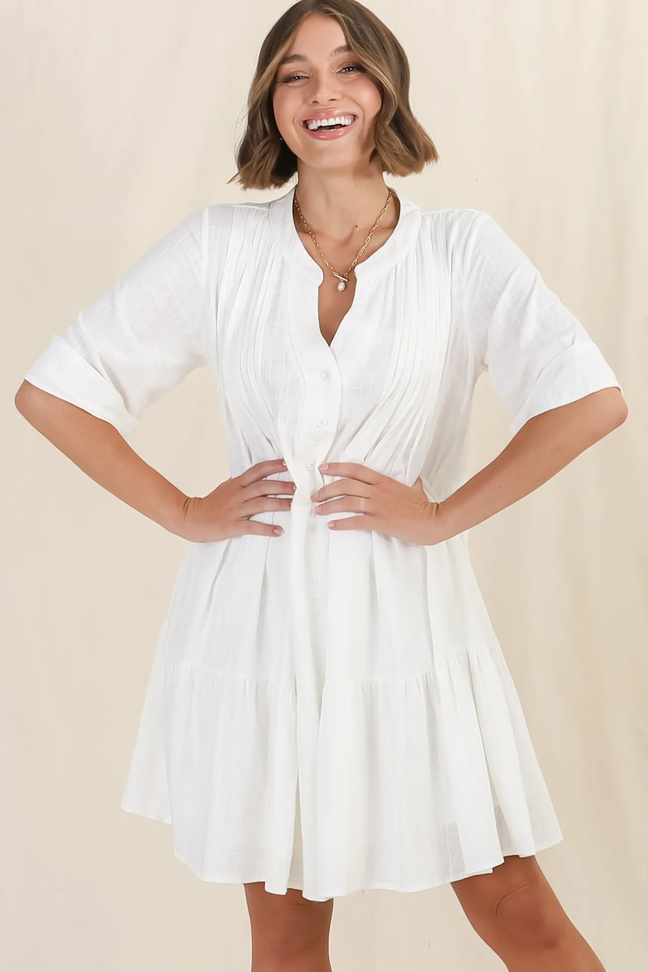 Ayva Mini Dress - 3/4 Sleeve Tiered Smock Dress in Off White>Salty Crush Online
