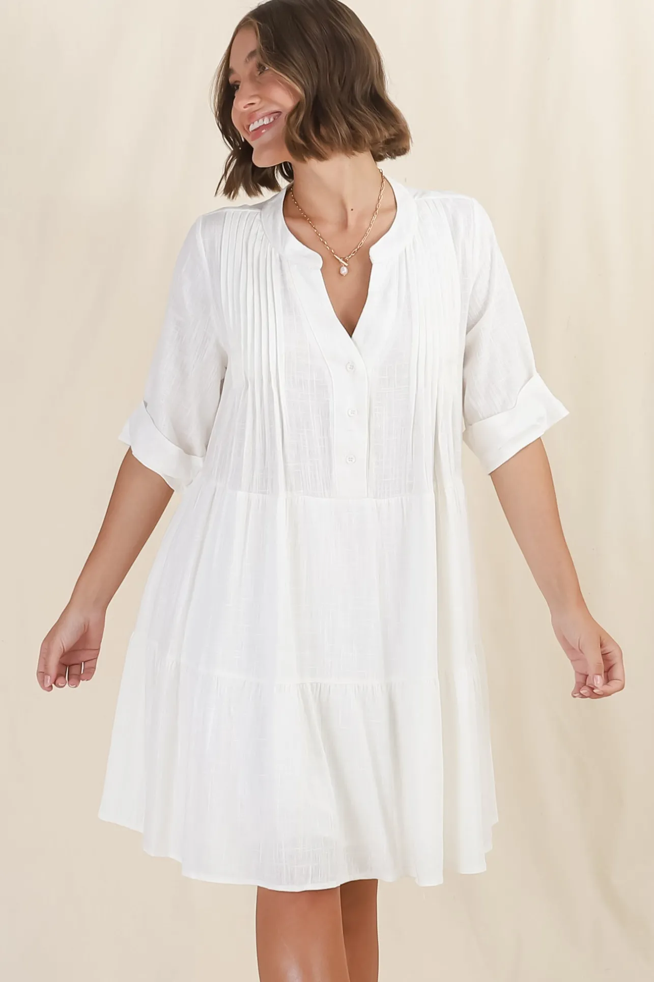 Ayva Mini Dress - 3/4 Sleeve Tiered Smock Dress in Off White>Salty Crush Online