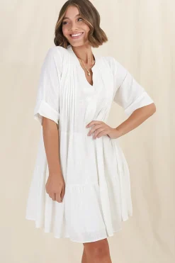 Ayva Mini Dress - 3/4 Sleeve Tiered Smock Dress in Off White><noscript><img width=