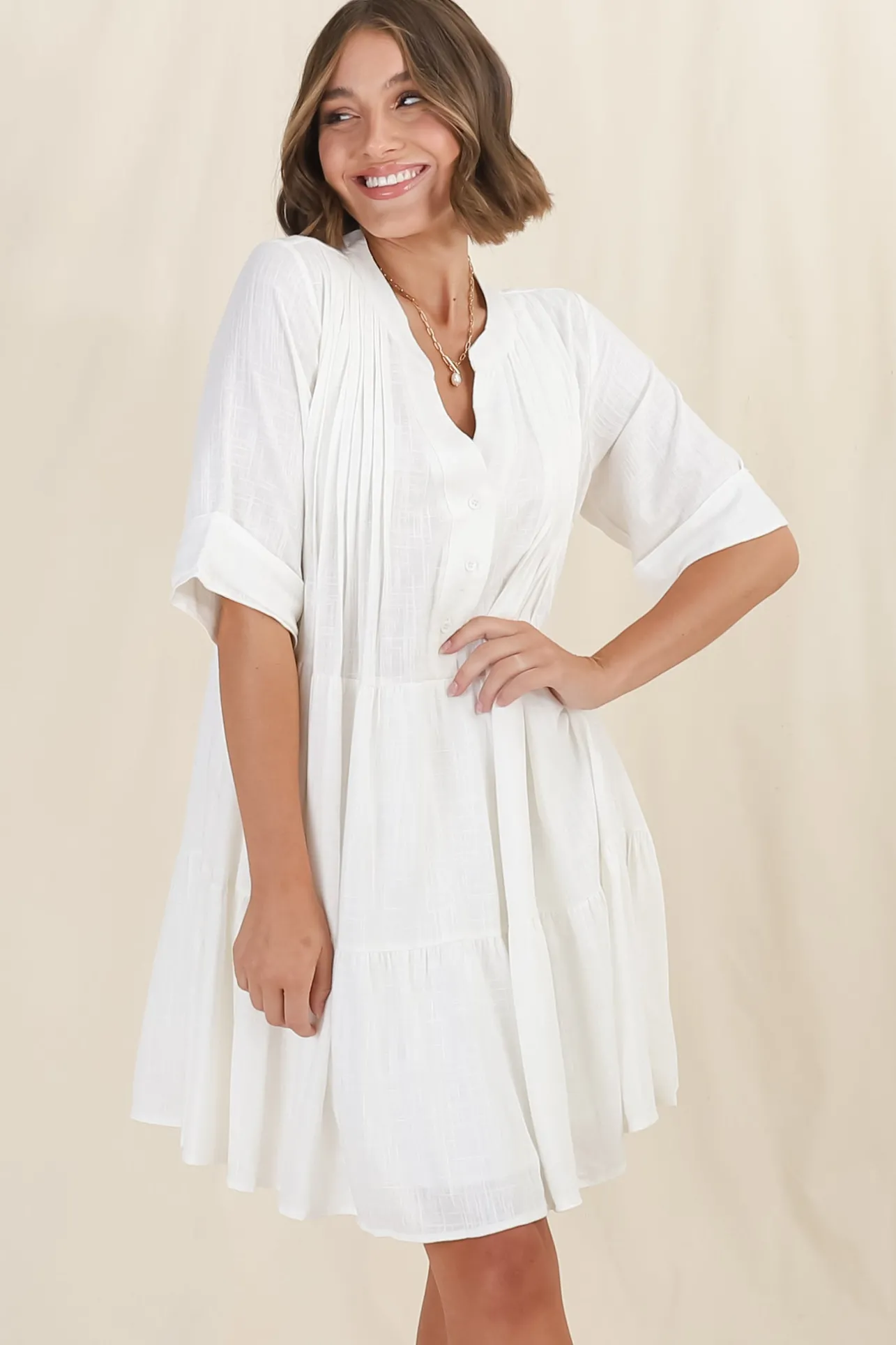 Ayva Mini Dress - 3/4 Sleeve Tiered Smock Dress in Off White>Salty Crush Online