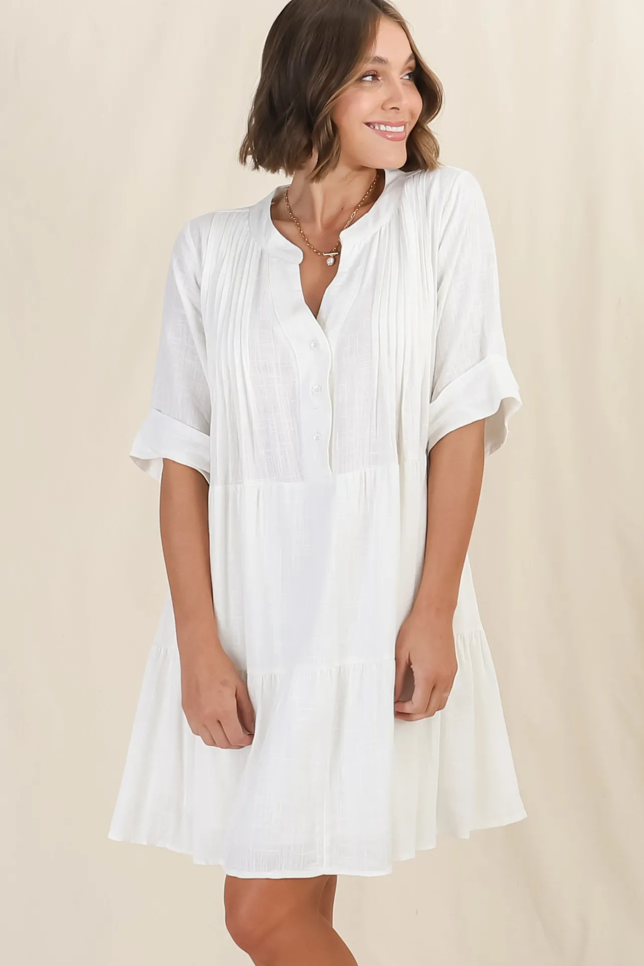 Ayva Mini Dress - 3/4 Sleeve Tiered Smock Dress in Off White>Salty Crush Online