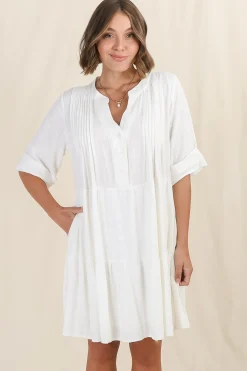 Ayva Mini Dress - 3/4 Sleeve Tiered Smock Dress in Off White><noscript><img width=