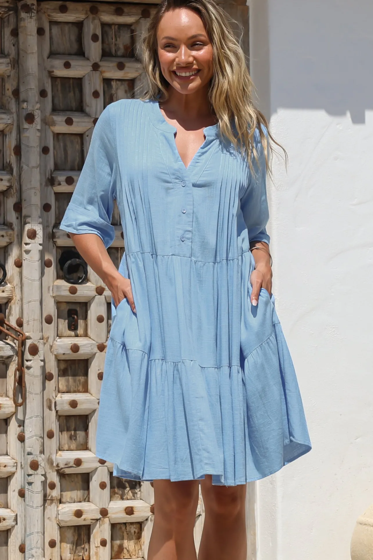 Ayva Mini Dress - 3/4 Sleeve Tiered Smock Dress in Blue>Salty Crush Sale
