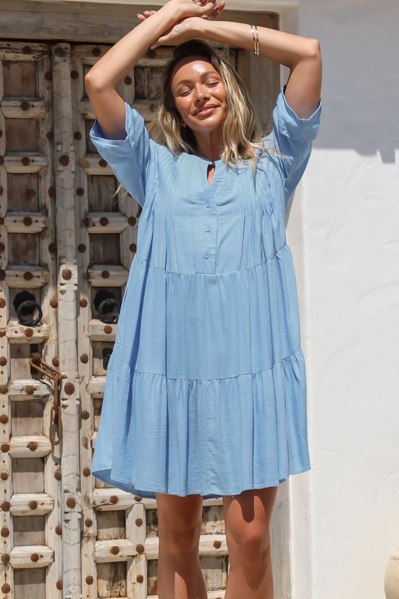 Ayva Mini Dress - 3/4 Sleeve Tiered Smock Dress in Blue>Salty Crush Sale