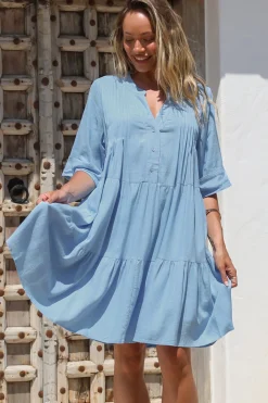 Ayva Mini Dress - 3/4 Sleeve Tiered Smock Dress in Blue><noscript><img width=