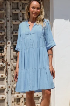 Ayva Mini Dress - 3/4 Sleeve Tiered Smock Dress in Blue><noscript><img width=