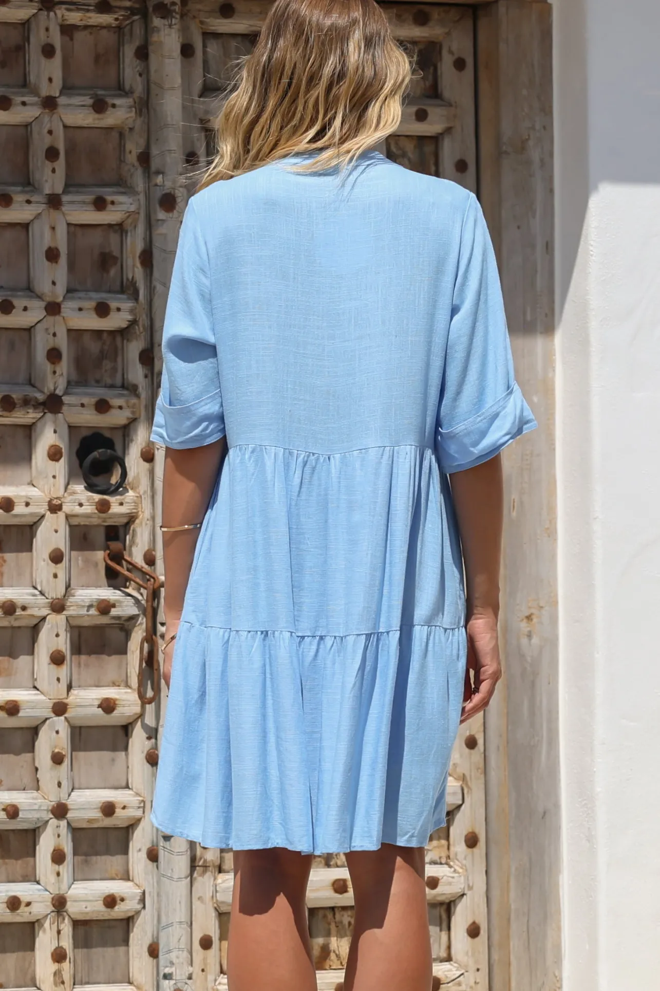 Ayva Mini Dress - 3/4 Sleeve Tiered Smock Dress in Blue>Salty Crush Sale