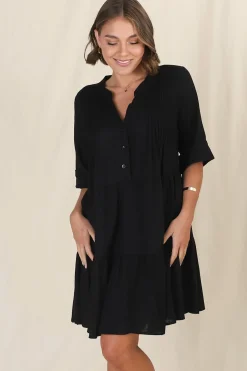 Ayva Mini Dress - 3/4 Sleeve Tiered Smock Dress in Black><noscript><img width=