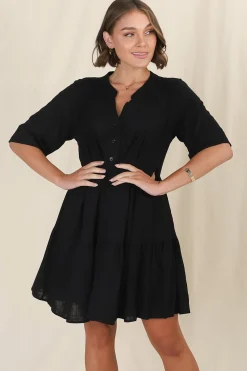 Ayva Mini Dress - 3/4 Sleeve Tiered Smock Dress in Black><noscript><img width=