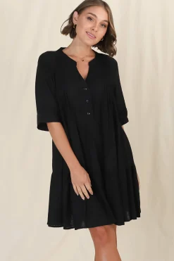 Ayva Mini Dress - 3/4 Sleeve Tiered Smock Dress in Black><noscript><img width=