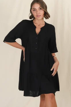 Ayva Mini Dress - 3/4 Sleeve Tiered Smock Dress in Black><noscript><img width=