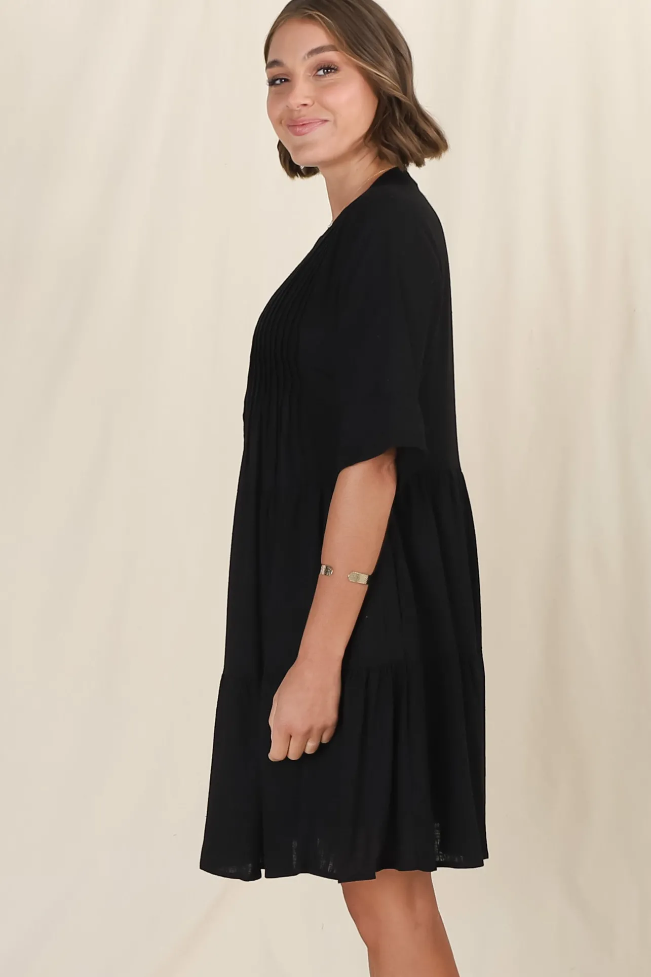 Ayva Mini Dress - 3/4 Sleeve Tiered Smock Dress in Black>Salty Crush Hot