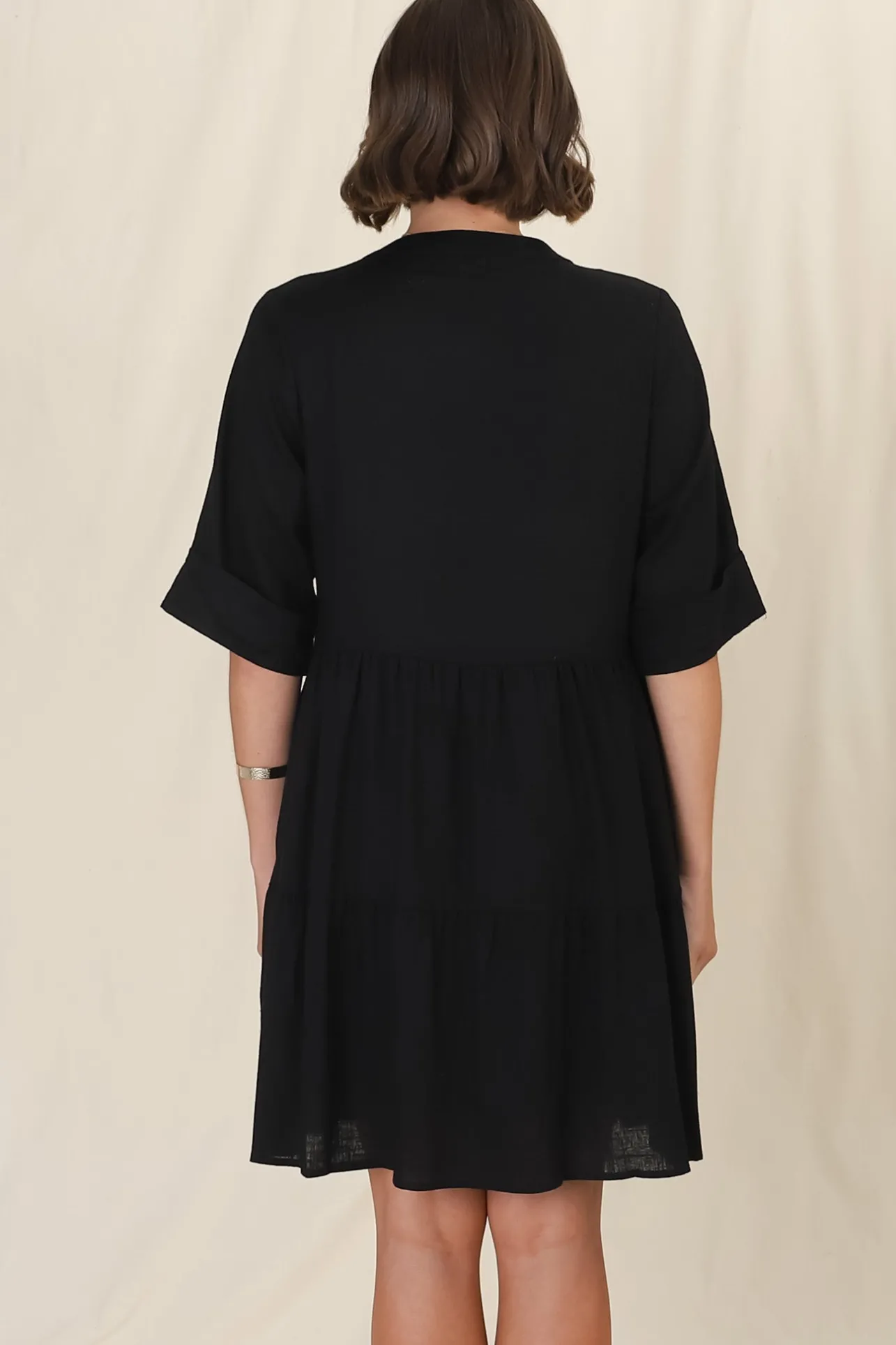 Ayva Mini Dress - 3/4 Sleeve Tiered Smock Dress in Black>Salty Crush Hot