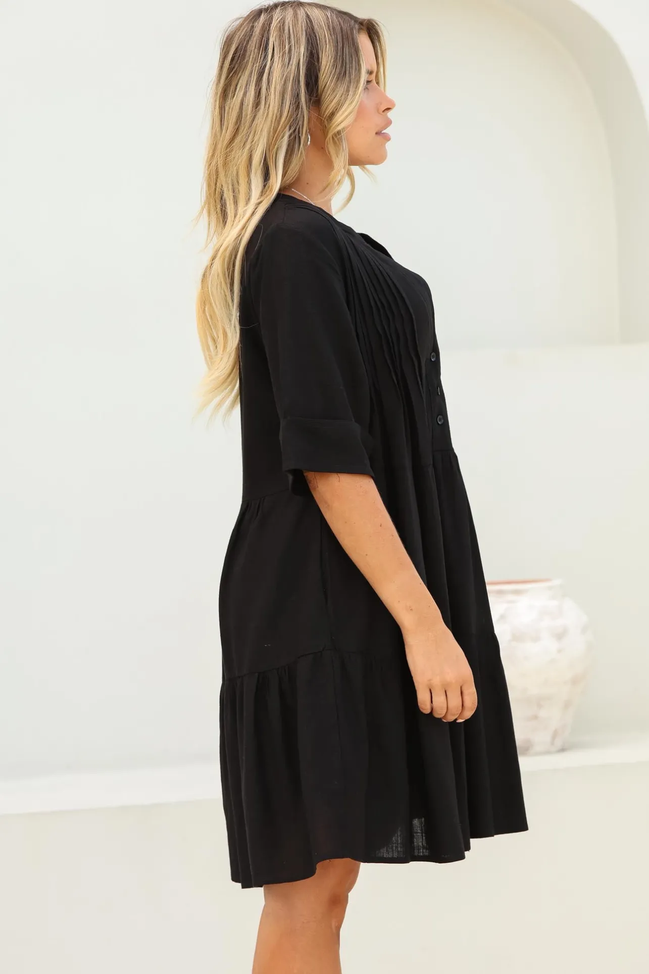 Ayva Mini Dress - 3/4 Sleeve Tiered Smock Dress in Black>Salty Crush Hot