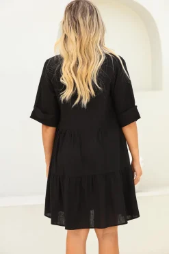 Ayva Mini Dress - 3/4 Sleeve Tiered Smock Dress in Black><noscript><img width=