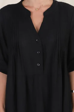 Ayva Mini Dress - 3/4 Sleeve Tiered Smock Dress in Black><noscript><img width=