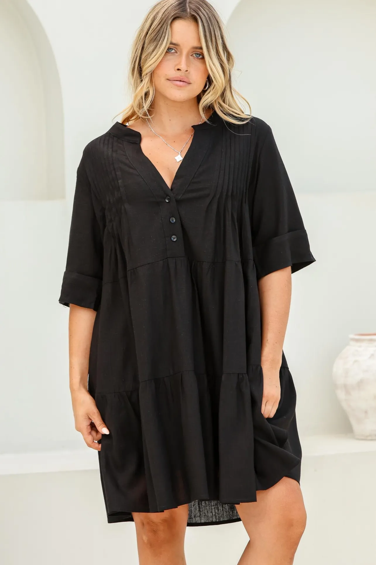 Ayva Mini Dress - 3/4 Sleeve Tiered Smock Dress in Black>Salty Crush Hot