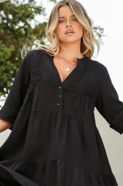 Ayva Mini Dress - 3/4 Sleeve Tiered Smock Dress in Black><noscript><img width=