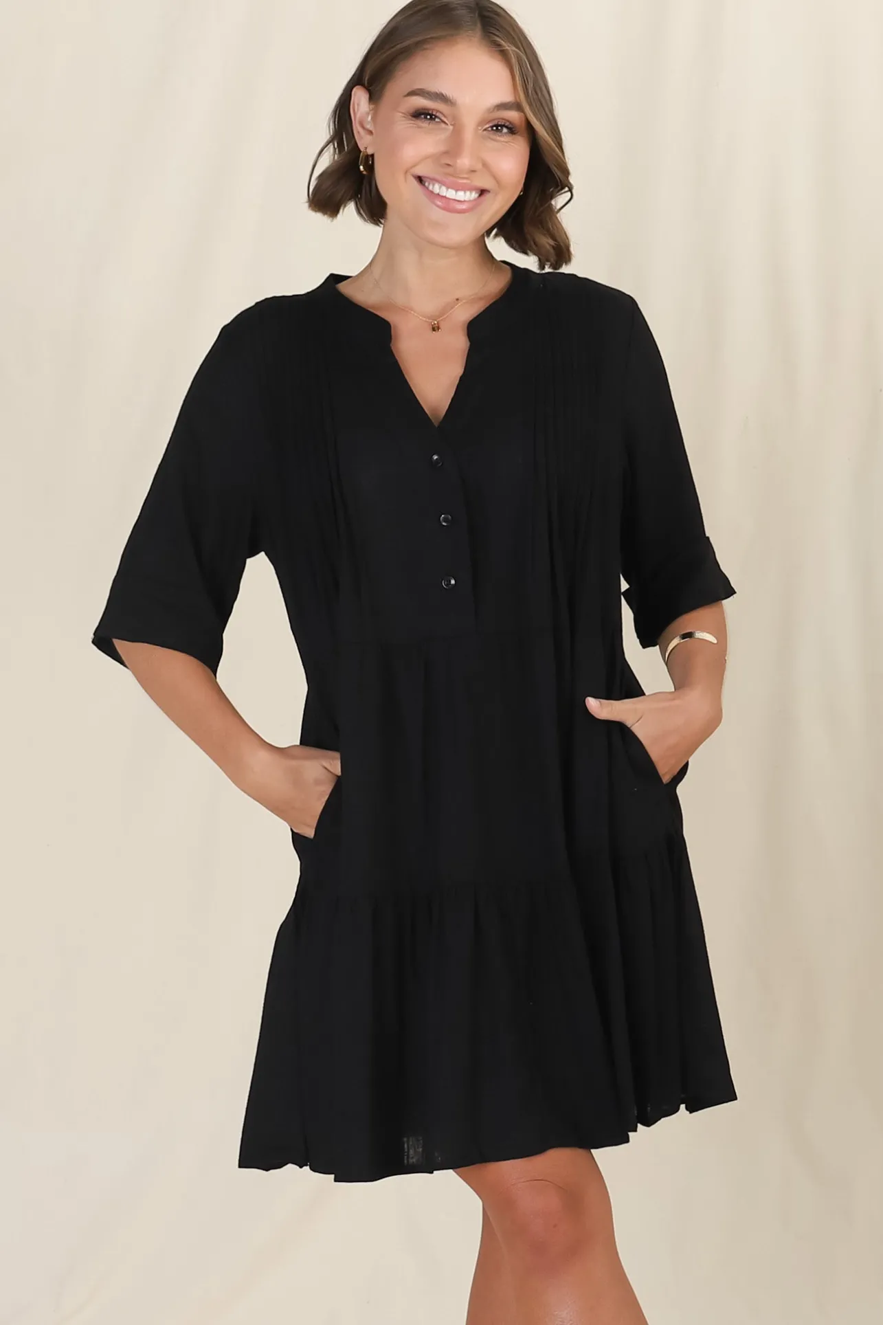 Ayva Mini Dress - 3/4 Sleeve Tiered Smock Dress in Black>Salty Crush Hot