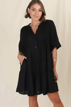 Ayva Mini Dress - 3/4 Sleeve Tiered Smock Dress in Black><noscript><img width=